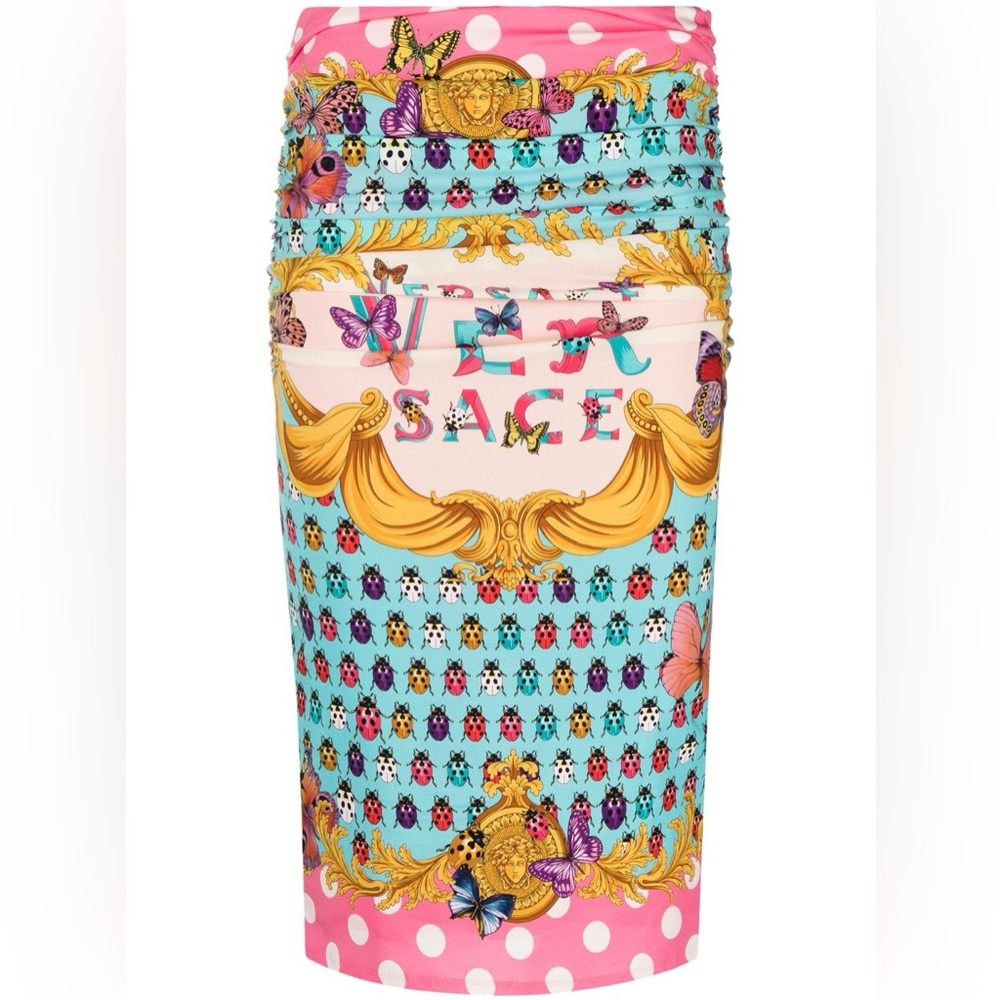 VERSACE 
Printed Draped Midi Skirt
